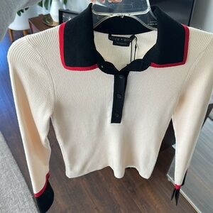 Alice + Olivia Pia Polo Sweater, ivory wool blend ribbed knit sweater, S